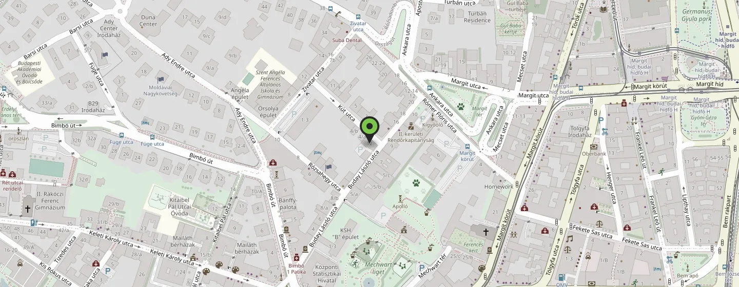 Map of the area around Buday László utca 12, Budapest, with our office marked