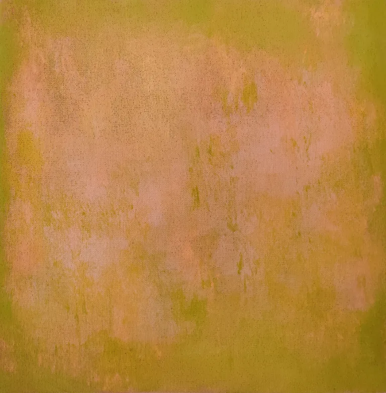 Abstract painting in warm orange, rose, and green tones